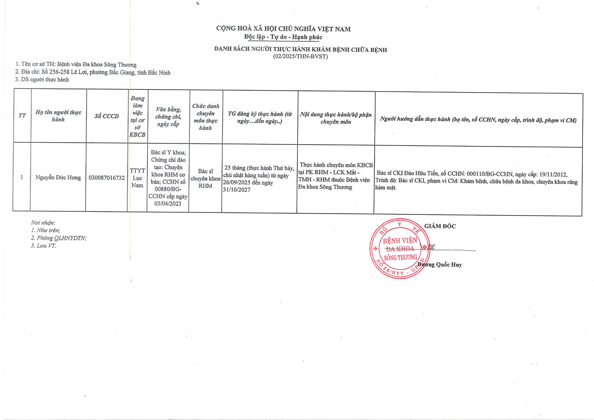 DANH SÁCH THỰC HÀNH NGHỀ BỆNH VIỆN ĐA KHOA SÔNG THƯƠNG THÁNG 9.2025